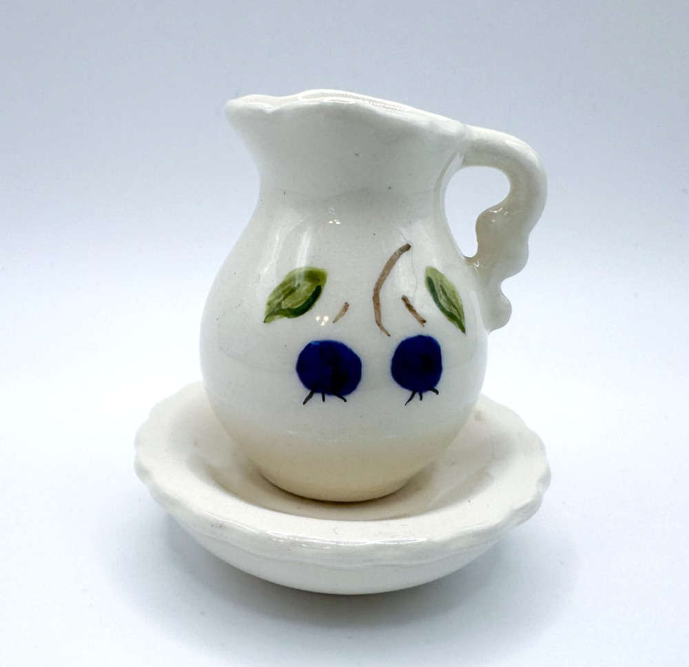 Miniature Blueberry Pitcher & Basin Hand Painted Ceramic Trinket Shelf Decor VTG